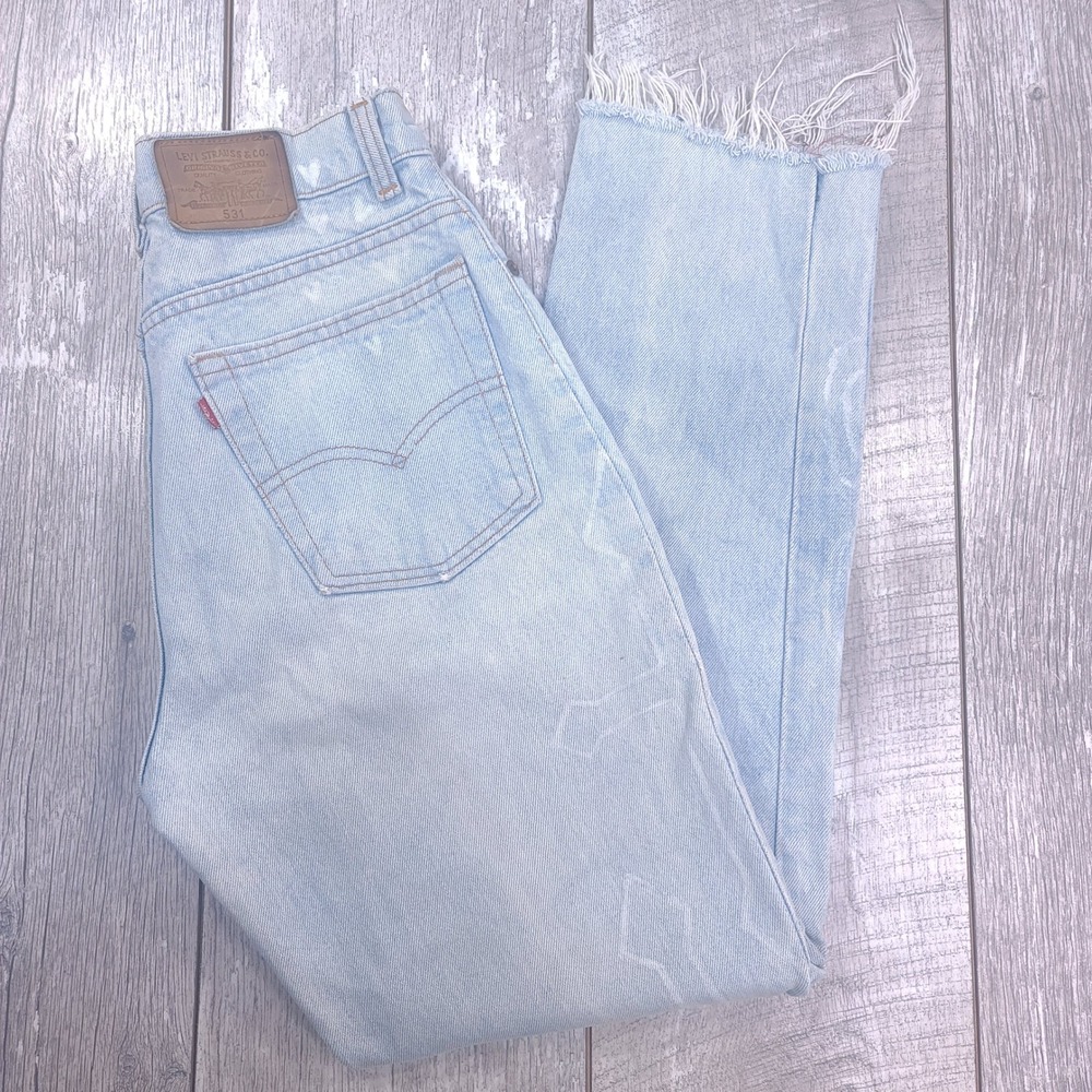 Levi's 531 Jeans Women 23x29 Light Wash Graphic Print Frayed Hem 1999 Crosses